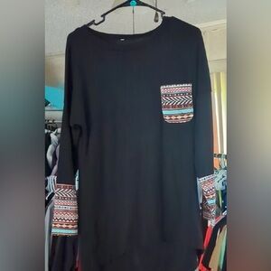 ✨🖤 Black Long Sleeve Tunic Top | Aztec Print Pocket & Cuffs | Size L ✨🖤
